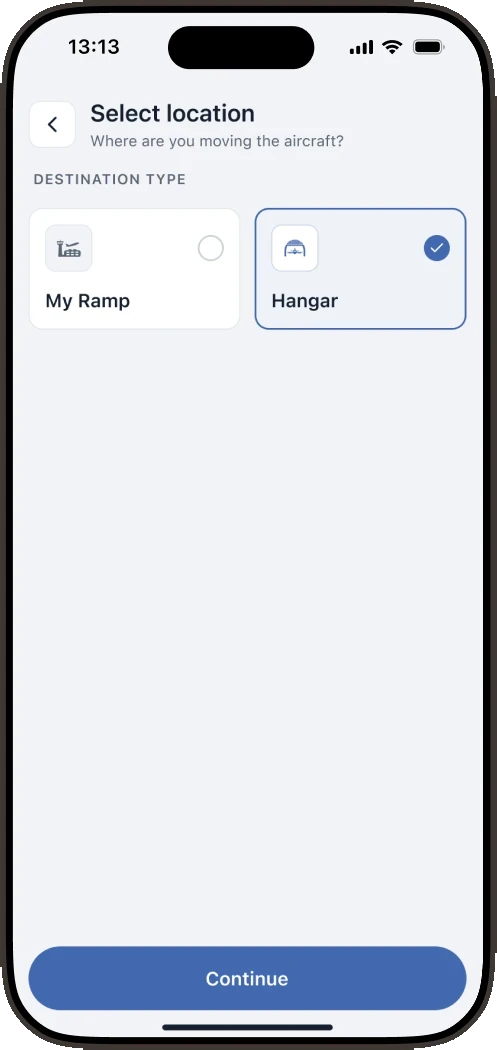 Select location: choosing the destination type, My Ramp or Hangar, before towing B45GY8