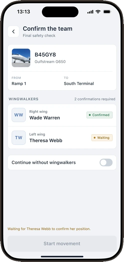 Confirm the team: wingwalkers assigned, one has confirmed their position, the second is still waiting
