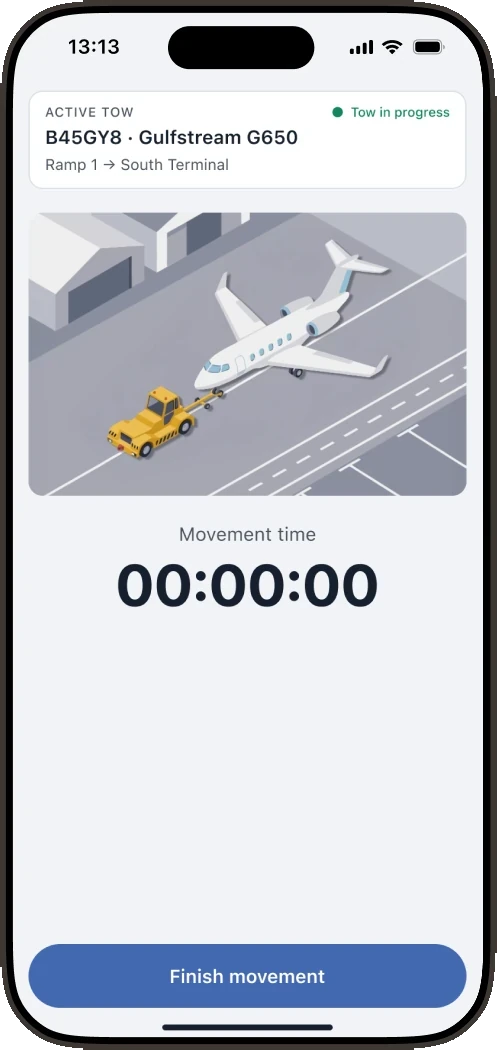 Active tow: the duration timer and the Finish movement button