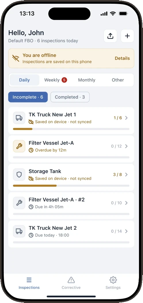 You are offline banner: records marked as saved on the device only