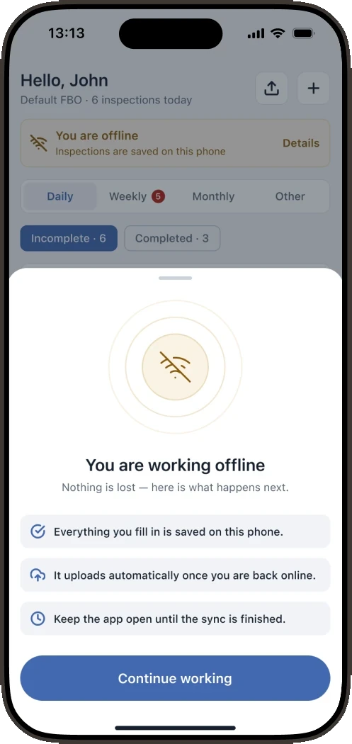 You are working offline screen: an explanation of automatic upload and the Continue working button