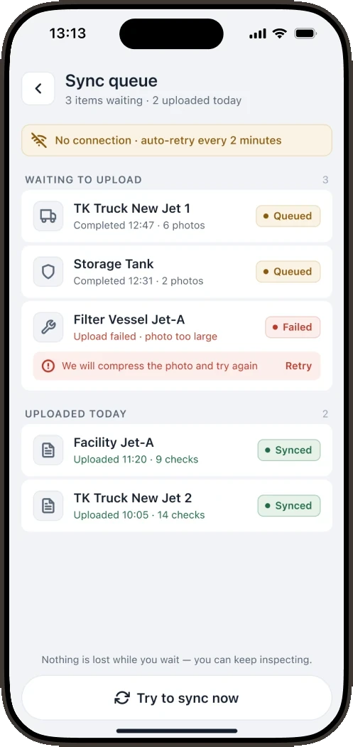 Sync queue: records with Queued, Failed and Synced statuses