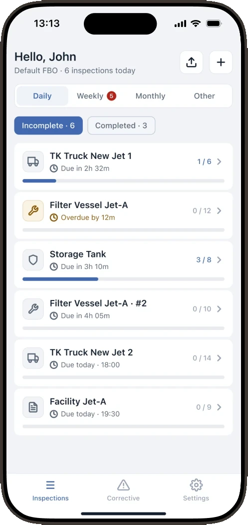 Inspection list: Incomplete and Completed statuses, due dates and progress for each check