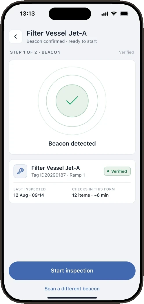 Beacon detected: the tag has confirmed the selected Filter Vessel Jet-A equipment