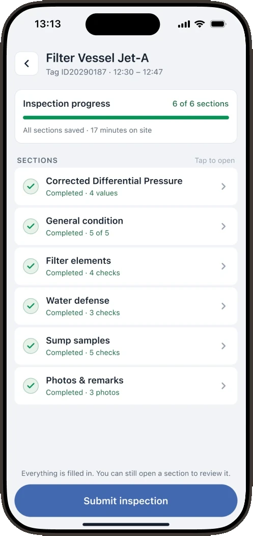 All inspection sections are filled in and the Submit inspection button is active