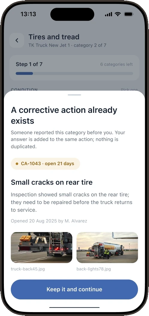 Mobile inspection: the existing CA-1043 corrective action about small cracks on the rear tire, with Open CA-1043 or Keep it and continue