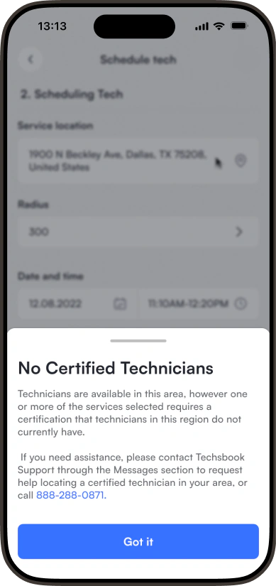 Original Techsbook screen: no certified technicians, the only way forward is through support