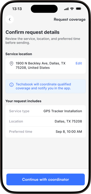 Screen confirming the request parameters before the handoff to a coordinator