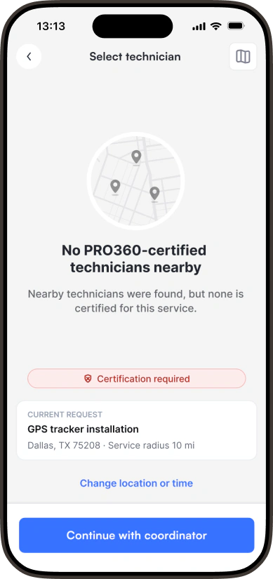 Recovery state: no technicians nearby hold the PRO360 certification