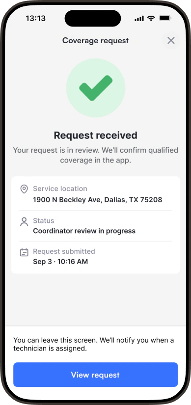 Request received screen: the request is accepted, passed to a coordinator and stays visible in the app