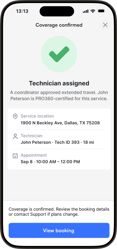 Confirmed coverage screen with the assigned technician and the time