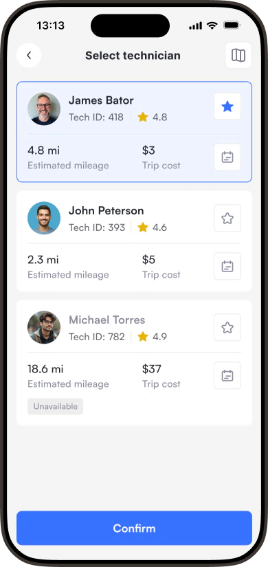 Existing Select technician results with available and unavailable technicians